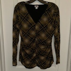 W by Worth Brown and Black Plaid Long Sleeve V-Neck Top